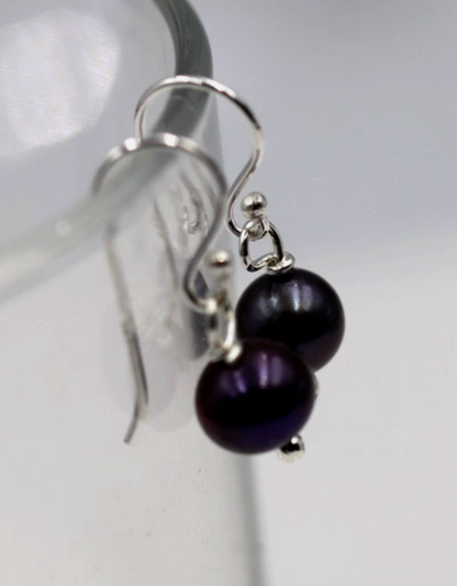 Sterling Silver 925 Freshwater 7mm Round Black Pearl Hooks Earrings