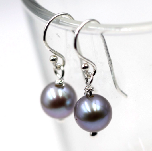 Sterling Silver 925 Freshwater 7mm Round Grey Pearl Hooks Earrings