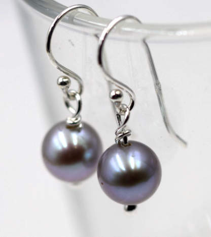 Sterling Silver 925 Freshwater 7mm Round Grey Pearl Hooks Earrings