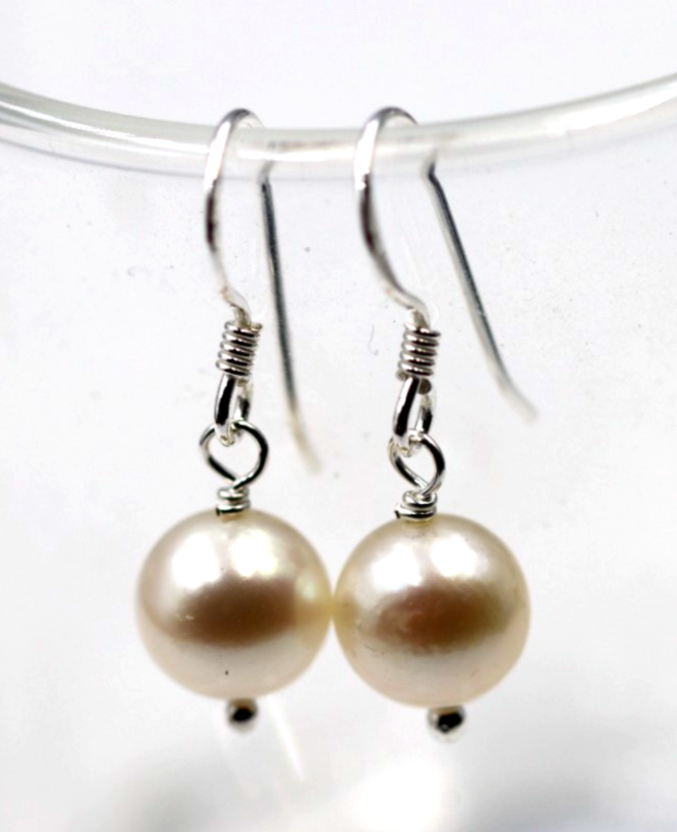 Sterling Silver 925 Freshwater 8mm White Pearl Hooks Earrings