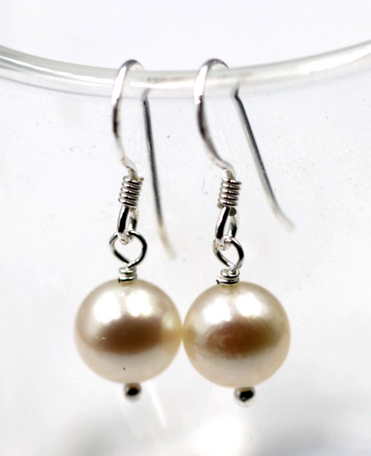 Sterling Silver 925 Freshwater 8mm White Pearl Hooks Earrings