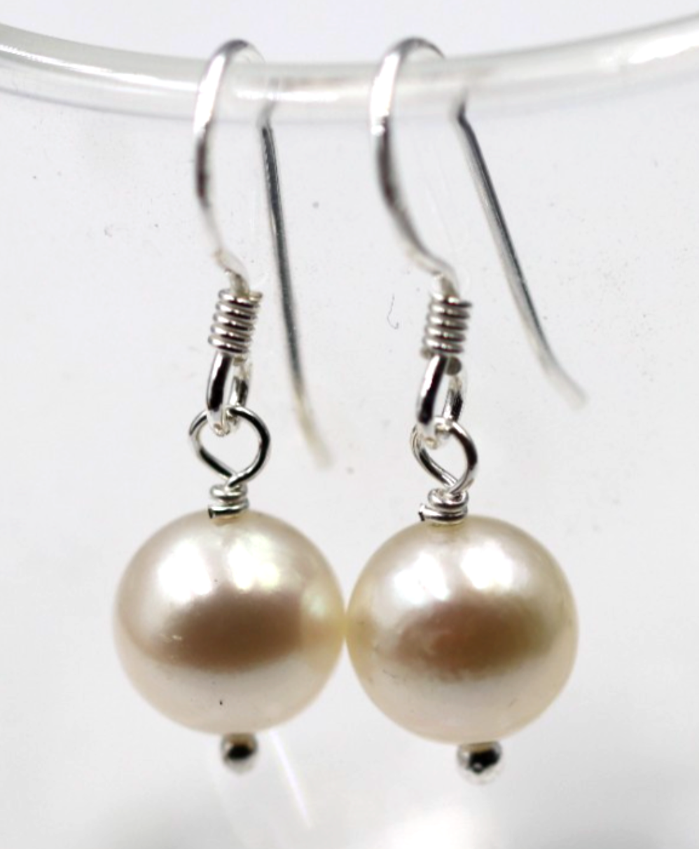 Sterling Silver 925 Freshwater 8mm White Pearl Hooks Earrings
