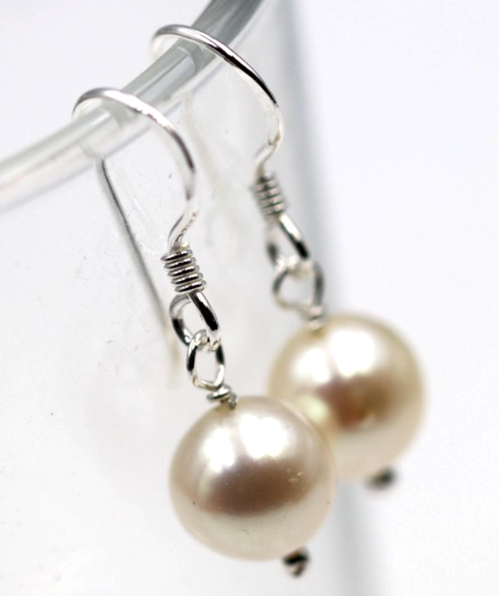 Sterling Silver 925 Freshwater 8mm White Pearl Hooks Earrings
