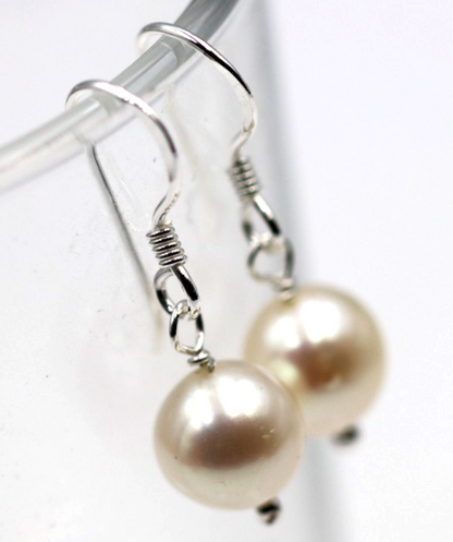 Sterling Silver 925 Freshwater 8mm White Pearl Hooks Earrings