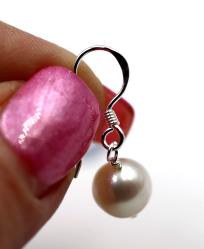 Sterling Silver 925 Freshwater 8mm White Pearl Hooks Earrings