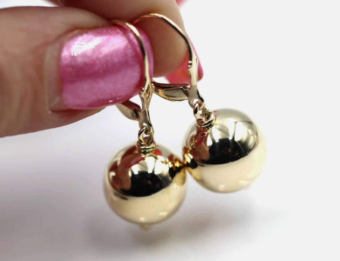 Kaedesigns Large 9ct 9K 375 Continental Hooks Yellow, Rose or White Gold 14mm Ball Earrings