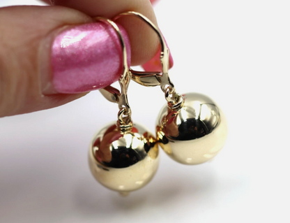 Kaedesigns Large 9ct 9K 375 Continental Hooks Yellow, Rose or White Gold 14mm Ball Earrings