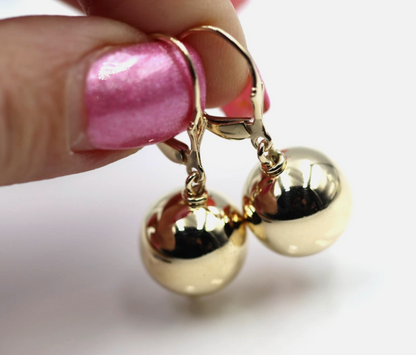 Kaedesigns Large 9ct 9K 375 Continental Hooks Yellow, Rose or White Gold 14mm Ball Earrings