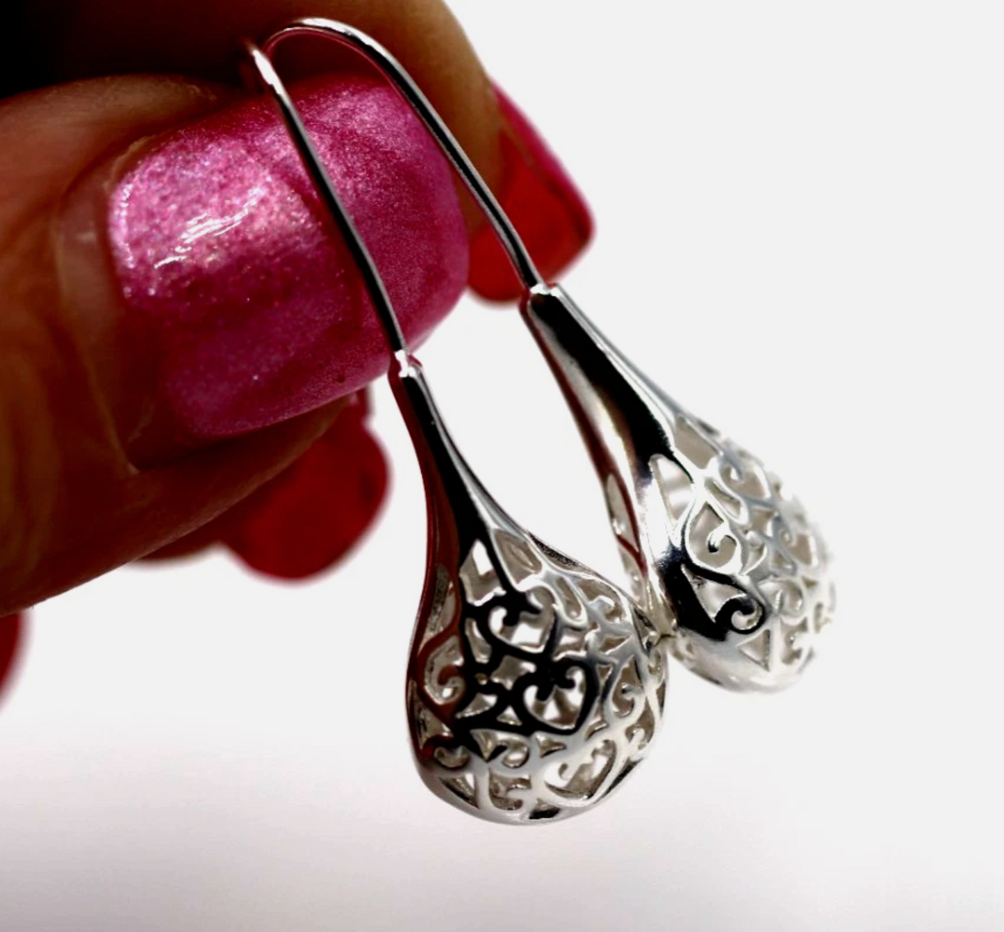 Sterling Silver 925 Puff Filigree Teardrop Heart Earrings