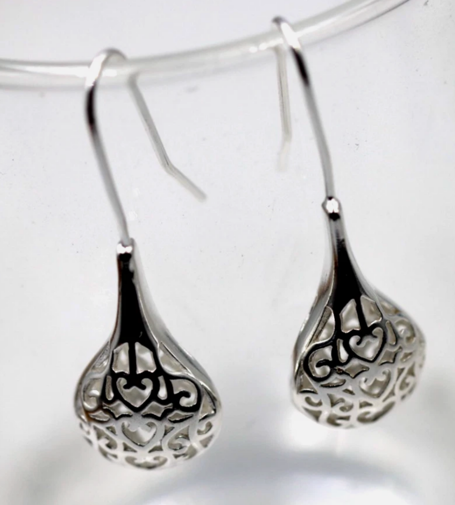 Sterling Silver 925 Puff Filigree Teardrop Heart Earrings