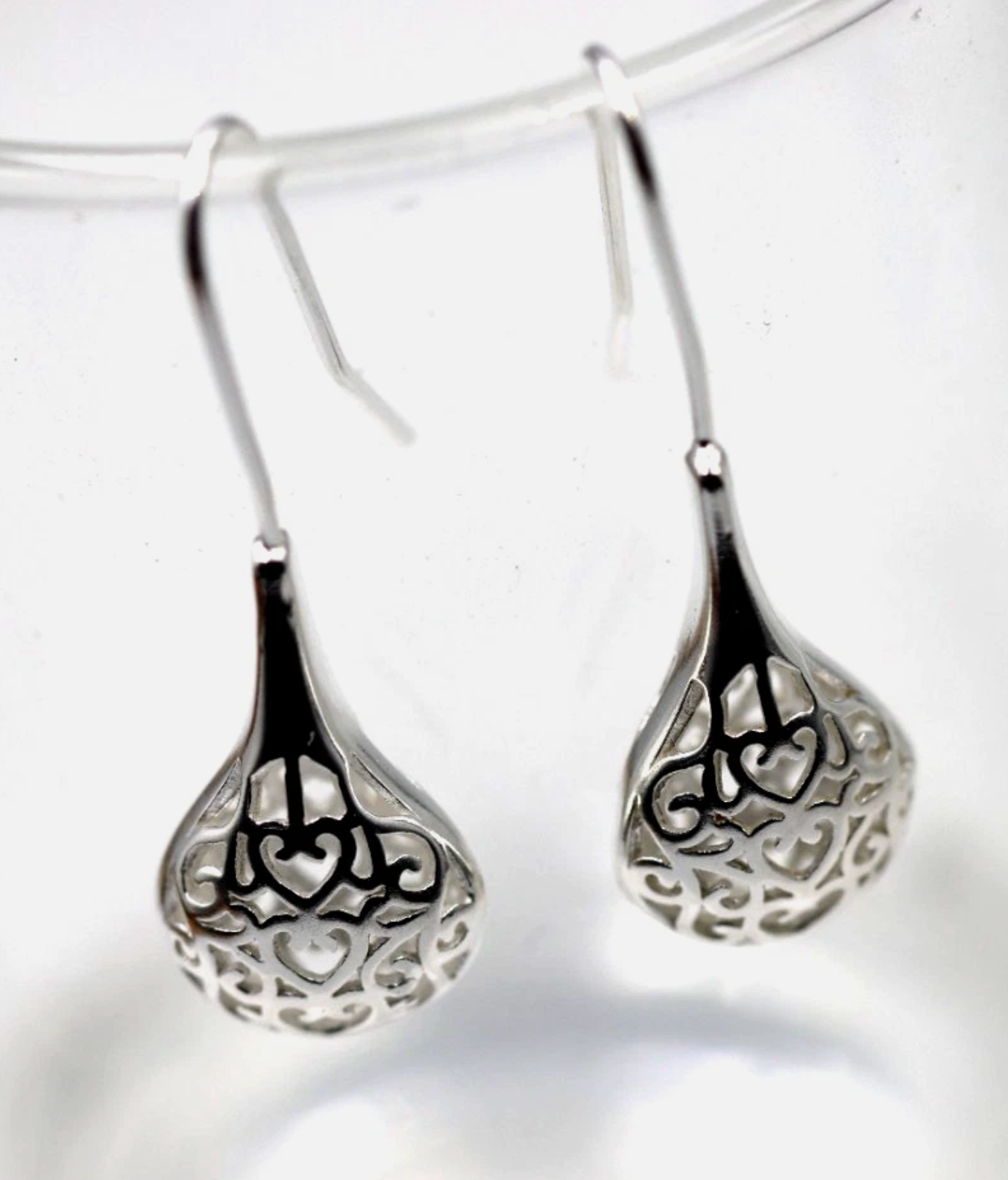 Sterling Silver 925 Puff Filigree Teardrop Heart Earrings