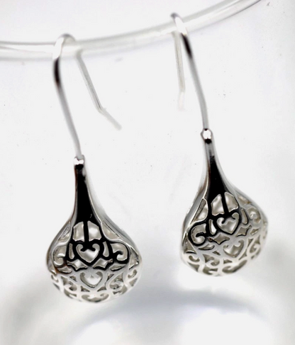 Sterling Silver 925 Puff Filigree Teardrop Heart Earrings