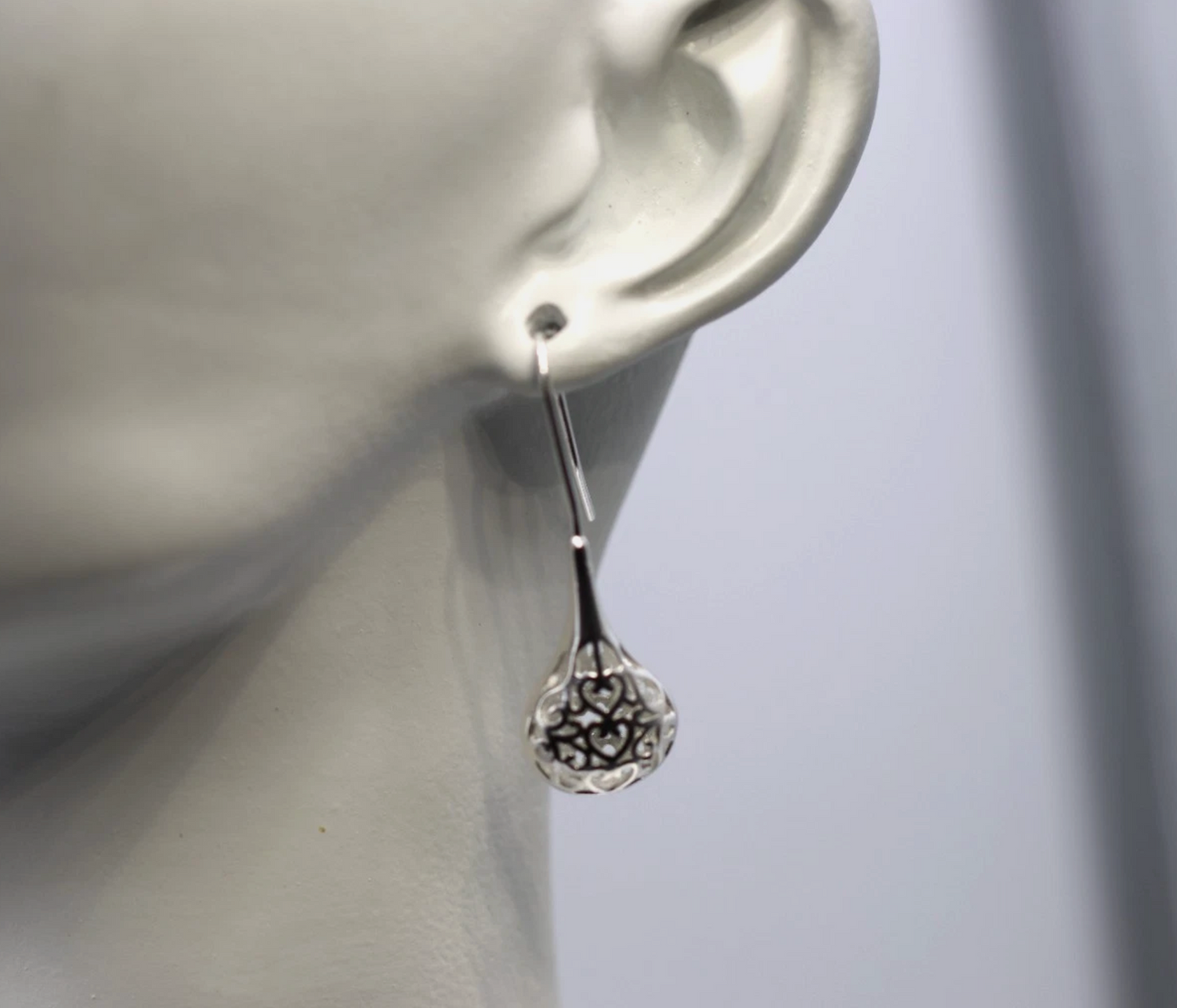 Sterling Silver 925 Puff Filigree Teardrop Heart Earrings