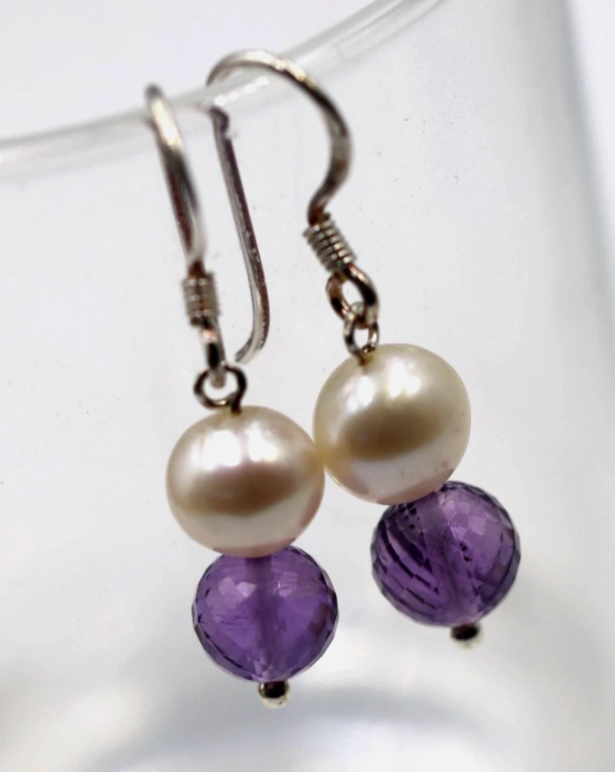 Sterling Silver 925 Freshwater White Pearl + Amethyst Ball Earrings