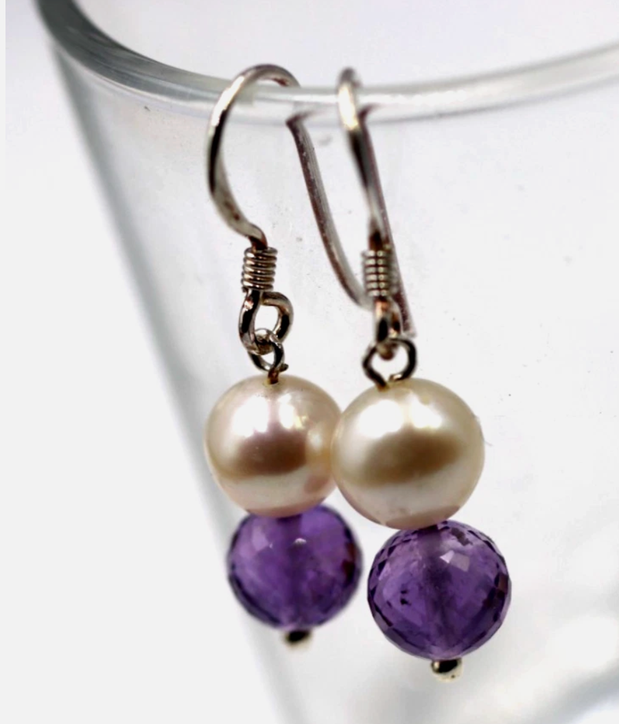 Sterling Silver 925 Freshwater White Pearl + Amethyst Ball Earrings