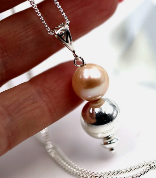 Sterling Silver 925 Freshwater Cultured Peach Pearl Ball Pendant +50cm Chain
