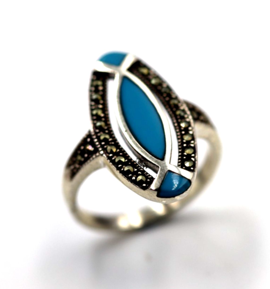 Size S Sterling Silver 925 Marcasite & Blue Turquoise Pointy Ring