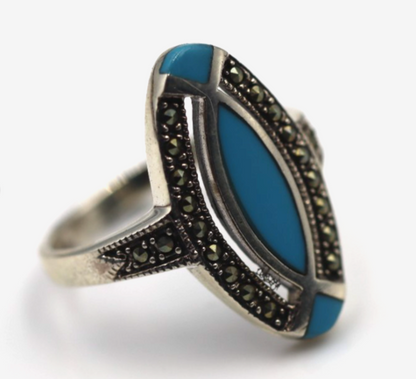 Size S Sterling Silver 925 Marcasite & Blue Turquoise Pointy Ring