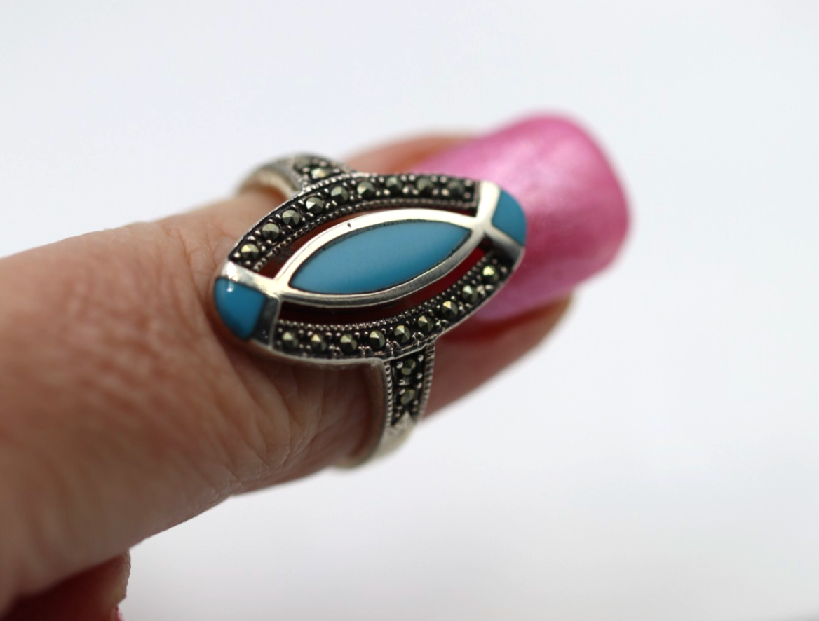 Size S Sterling Silver 925 Marcasite & Blue Turquoise Pointy Ring
