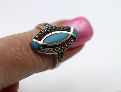 Size S Sterling Silver 925 Marcasite & Blue Turquoise Pointy Ring
