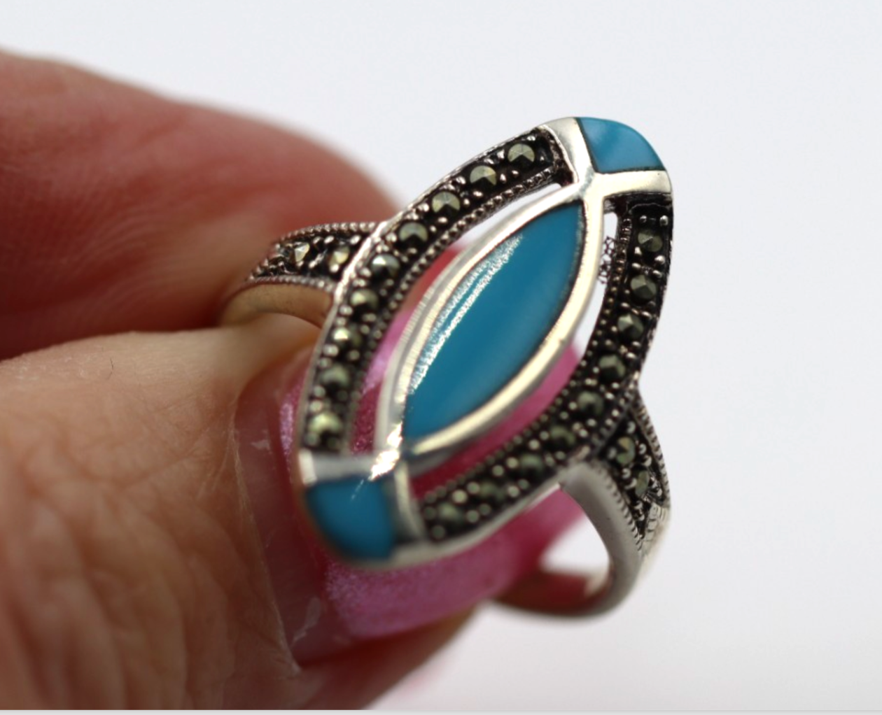 Size S Sterling Silver 925 Marcasite & Blue Turquoise Pointy Ring