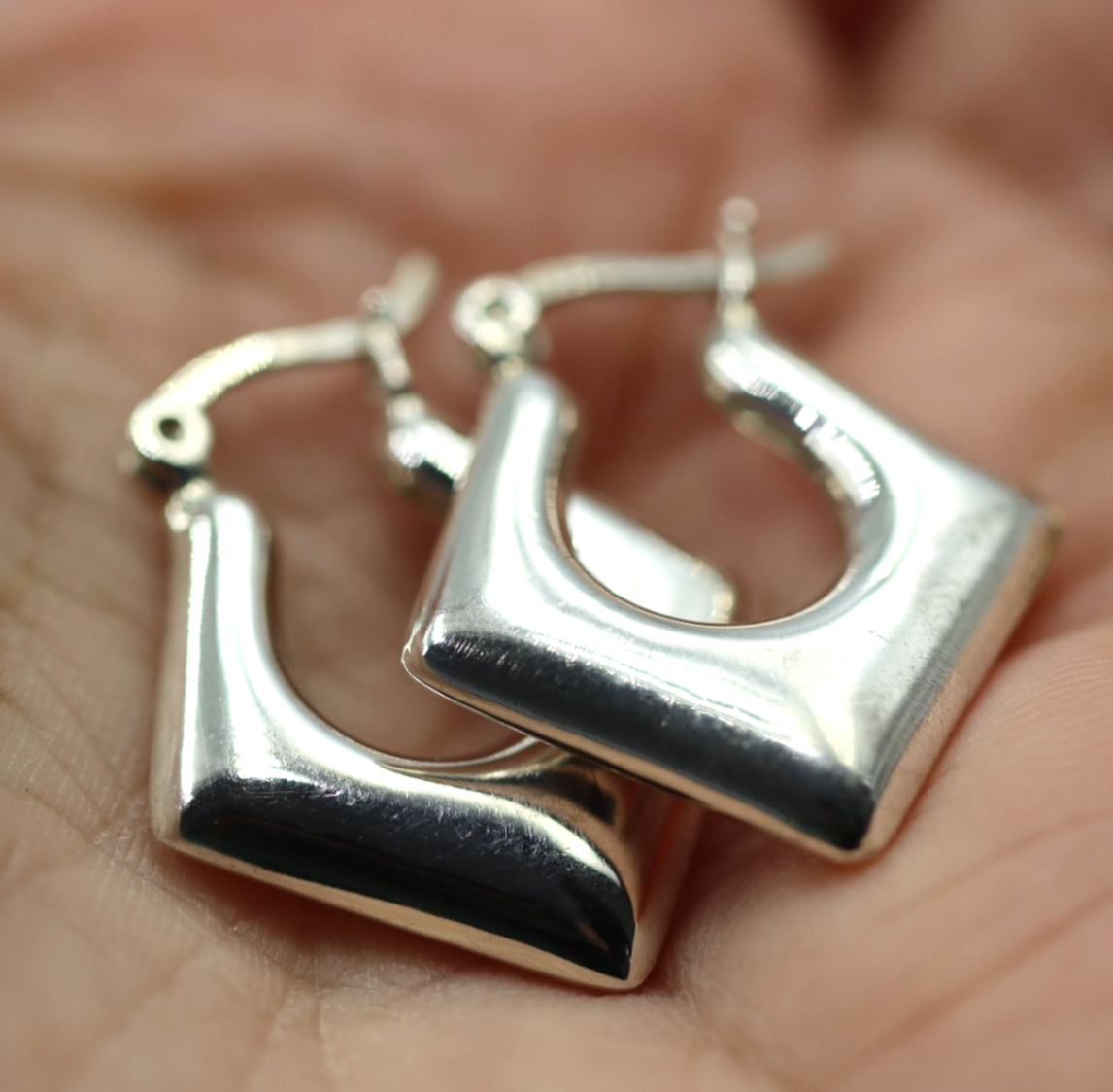 Sterling Silver 925 Diamond Shape Puffy Dangle Hoop Earrings