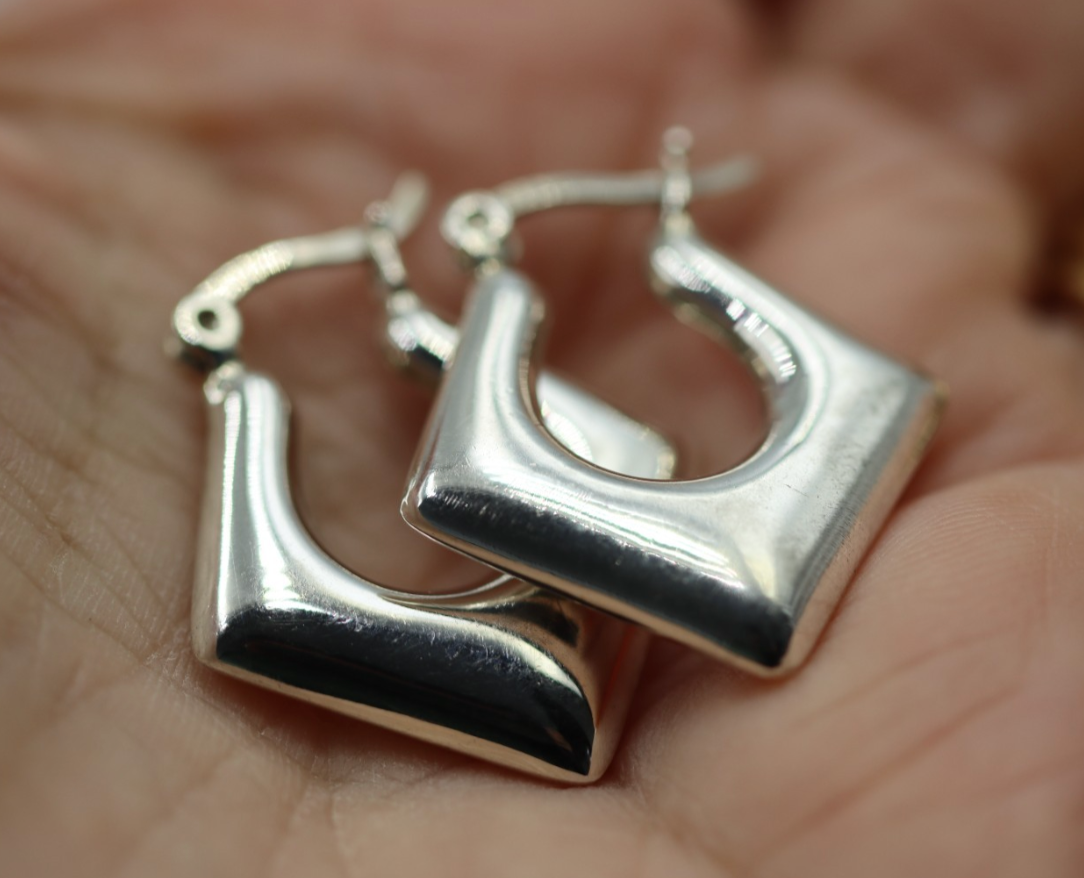 Sterling Silver 925 Diamond Shape Puffy Dangle Hoop Earrings