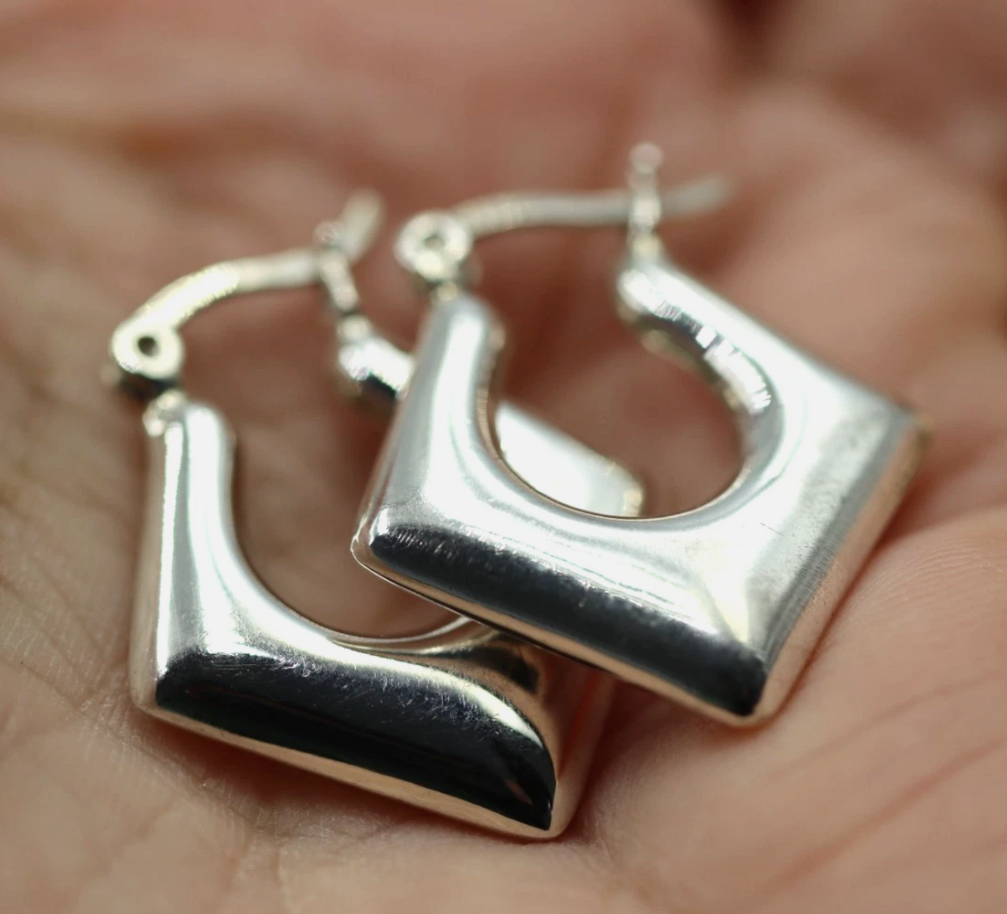 Sterling Silver 925 Diamond Shape Puffy Dangle Hoop Earrings