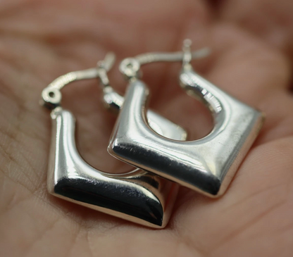 Sterling Silver 925 Diamond Shape Puffy Dangle Hoop Earrings