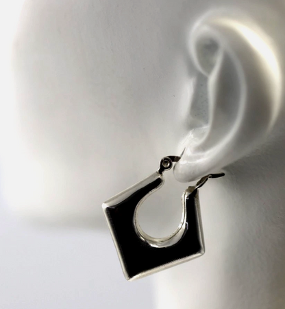 Sterling Silver 925 Diamond Shape Puffy Dangle Hoop Earrings