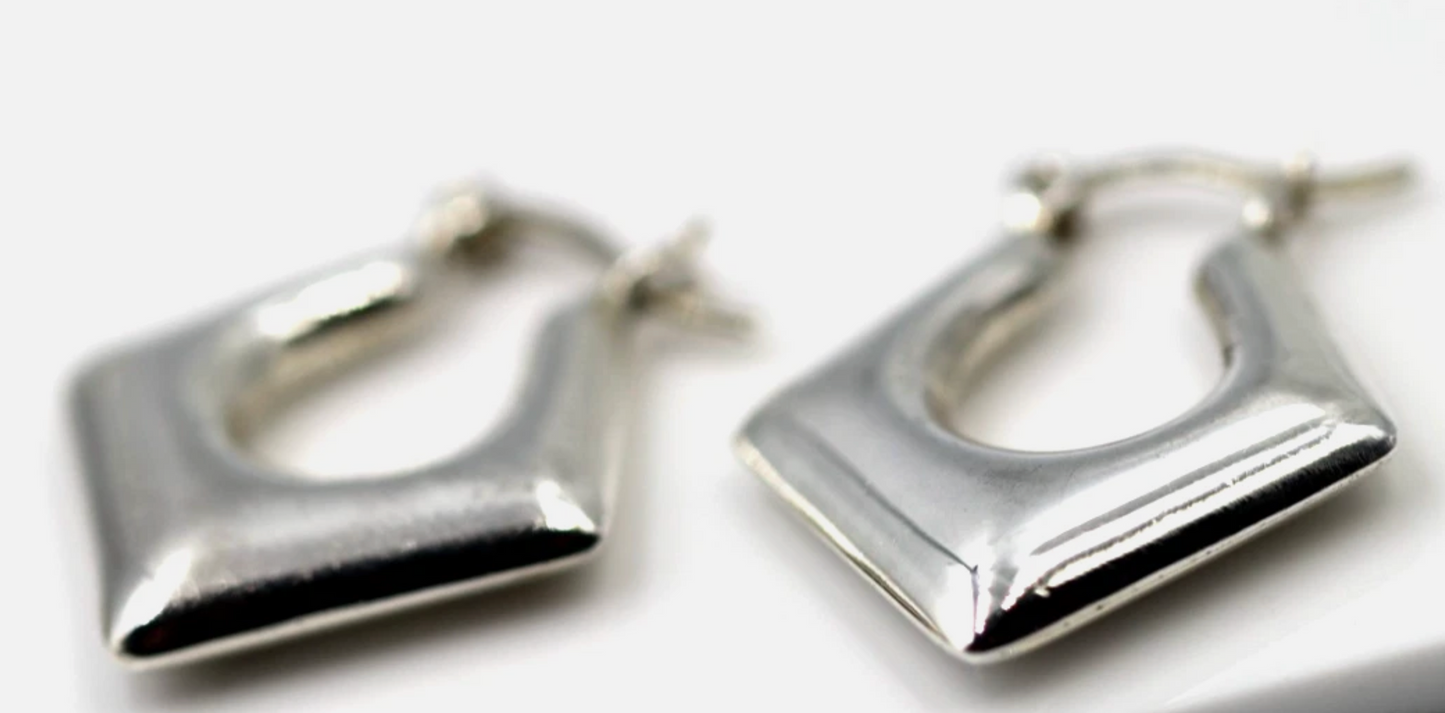 Sterling Silver 925 Diamond Shape Puffy Dangle Hoop Earrings