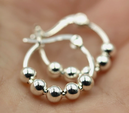 Genuine Sterling Silver 925 Small 17mm Hoop 5 Balls Hoop Earrings