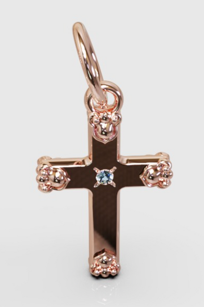 Genuine 9ct 9k Yellow, Rose or White Gold Small Blue Topaz Fancy Cross Tiny Pendant / Charm