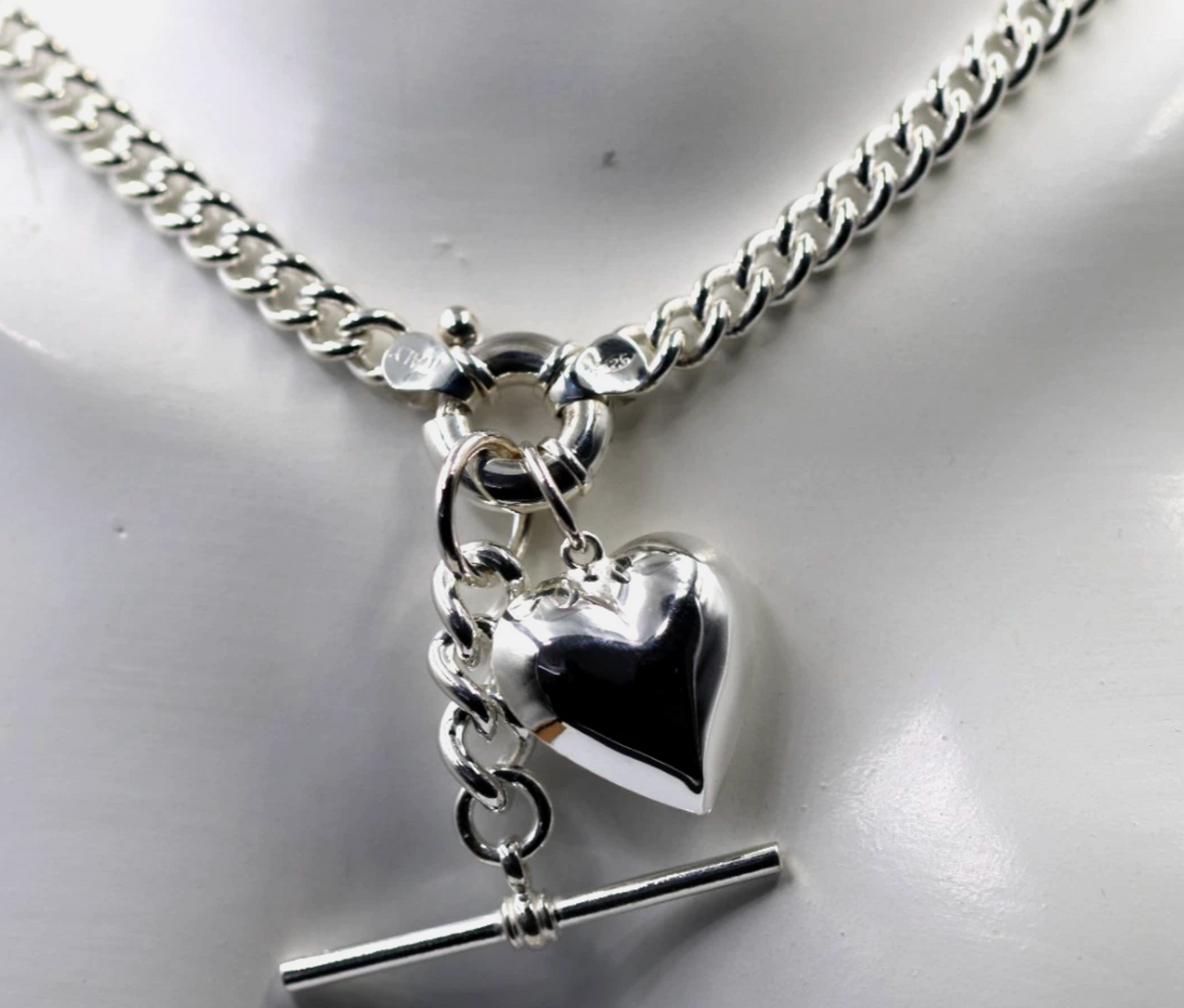 Heavy Sterling Silver 925 60cm Curb Kerb Chain Necklace 5.3mm + T-Bar + Heart