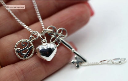 Genuine Sterling Silver 925 21st, Bubble Heart, Key Pendant Charm 45cm Necklace