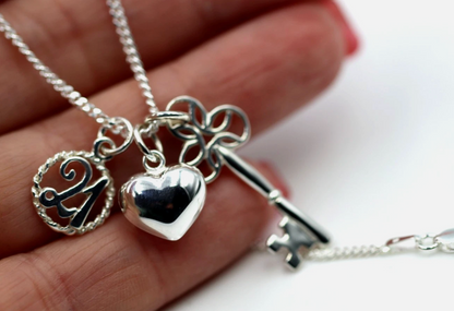 Genuine Sterling Silver 925 21st, Bubble Heart, Key Pendant Charm 45cm Necklace
