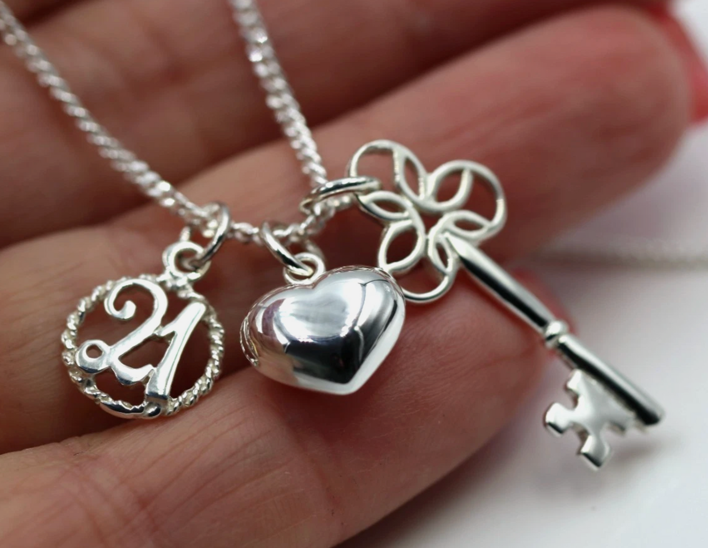 Genuine Sterling Silver 925 21st, Bubble Heart, Key Pendant Charm 45cm Necklace