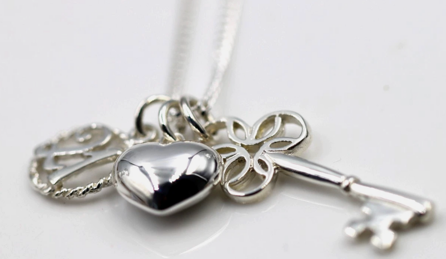 Genuine Sterling Silver 925 21st, Bubble Heart, Key Pendant Charm 45cm Necklace