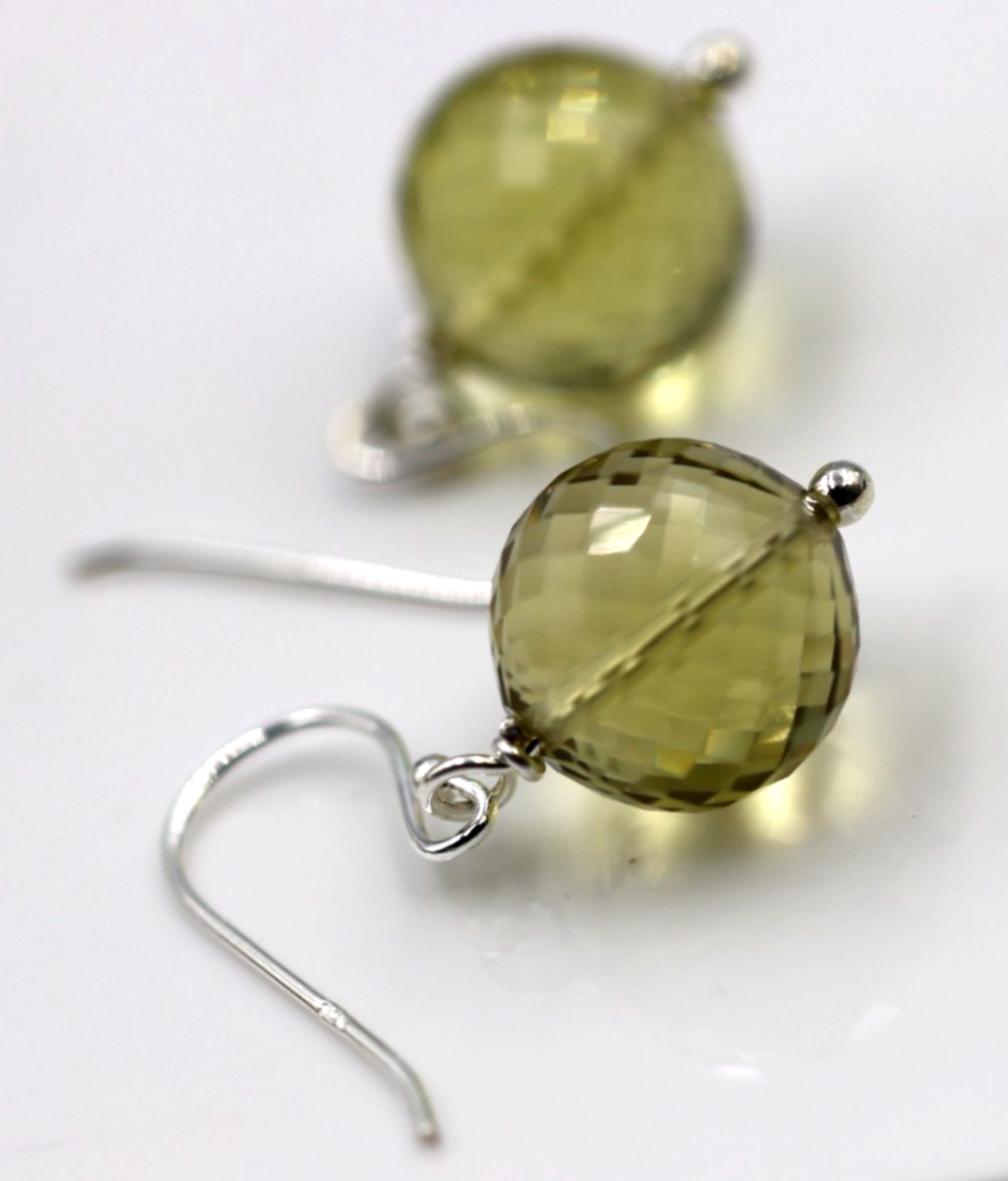 Sterling Silver 925 Natural Lemon Quartz Briolette Ball Hook Earrings