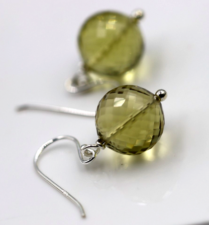 Sterling Silver 925 Natural Lemon Quartz Briolette Ball Hook Earrings