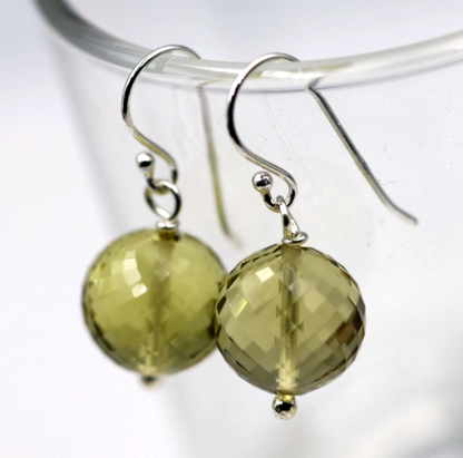 Sterling Silver 925 Natural Lemon Quartz Briolette Ball Hook Earrings