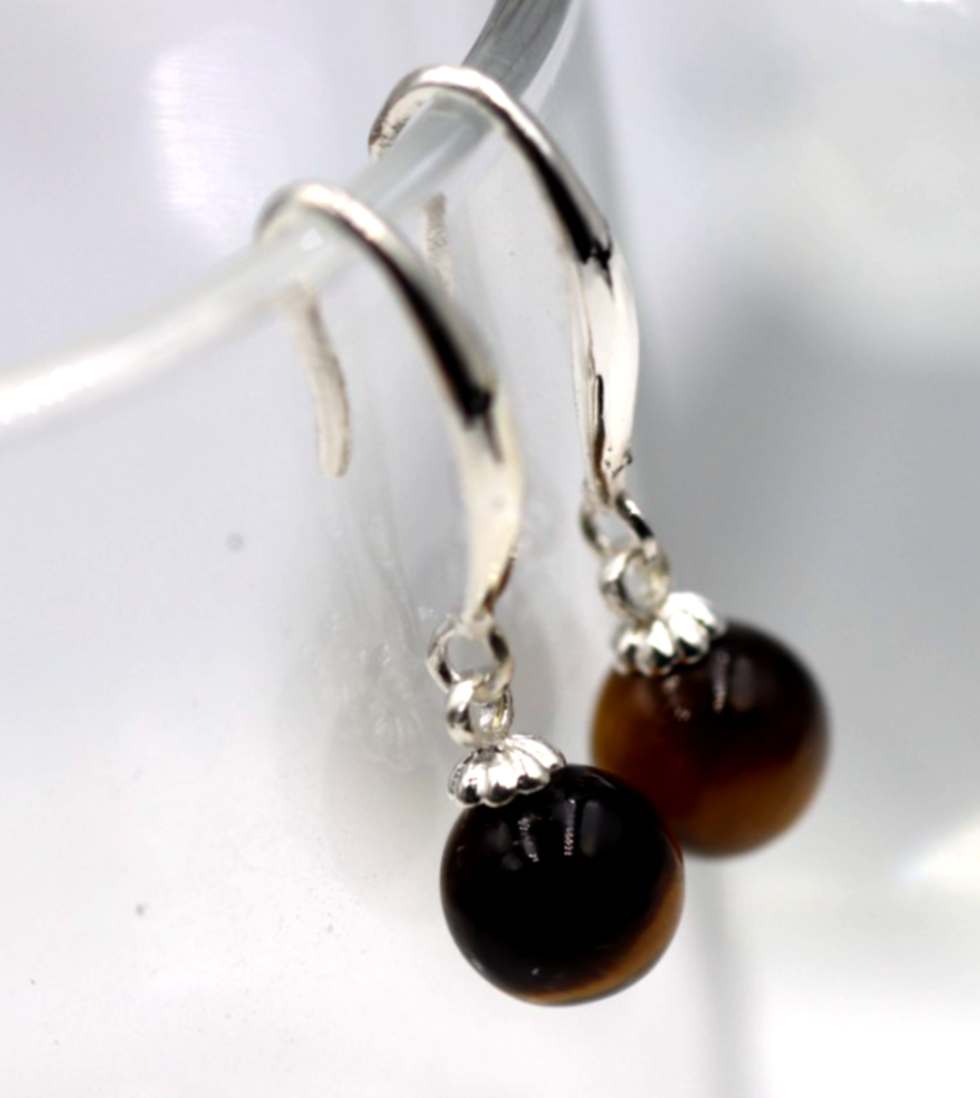 Sterling Silver 925 8mm Tiger's Eyes Ball Drop Hook Earrings