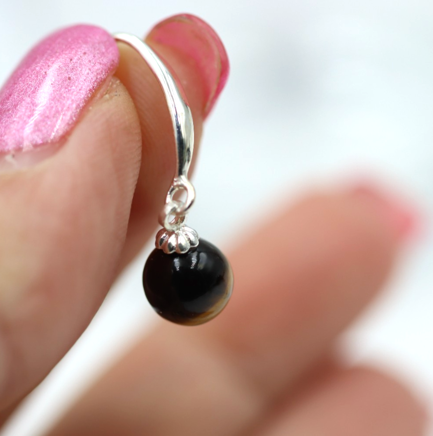 Sterling Silver 925 8mm Tiger's Eyes Ball Drop Hook Earrings