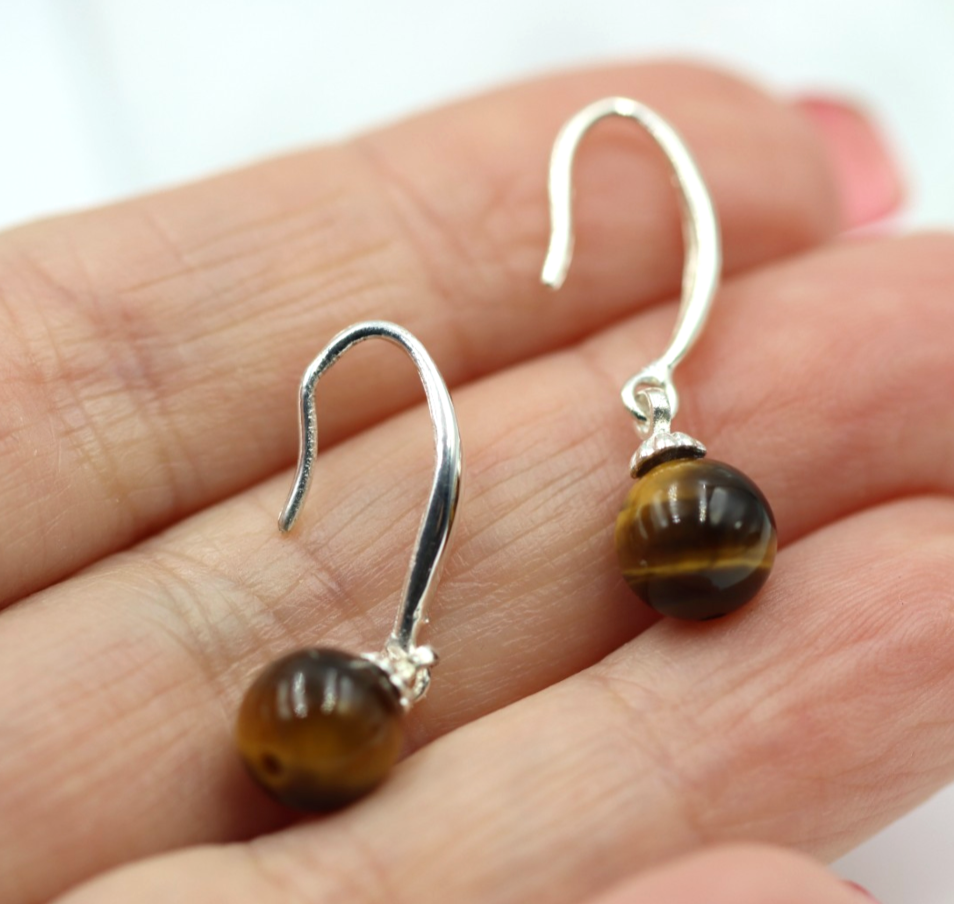 Sterling Silver 925 8mm Tiger's Eyes Ball Drop Hook Earrings