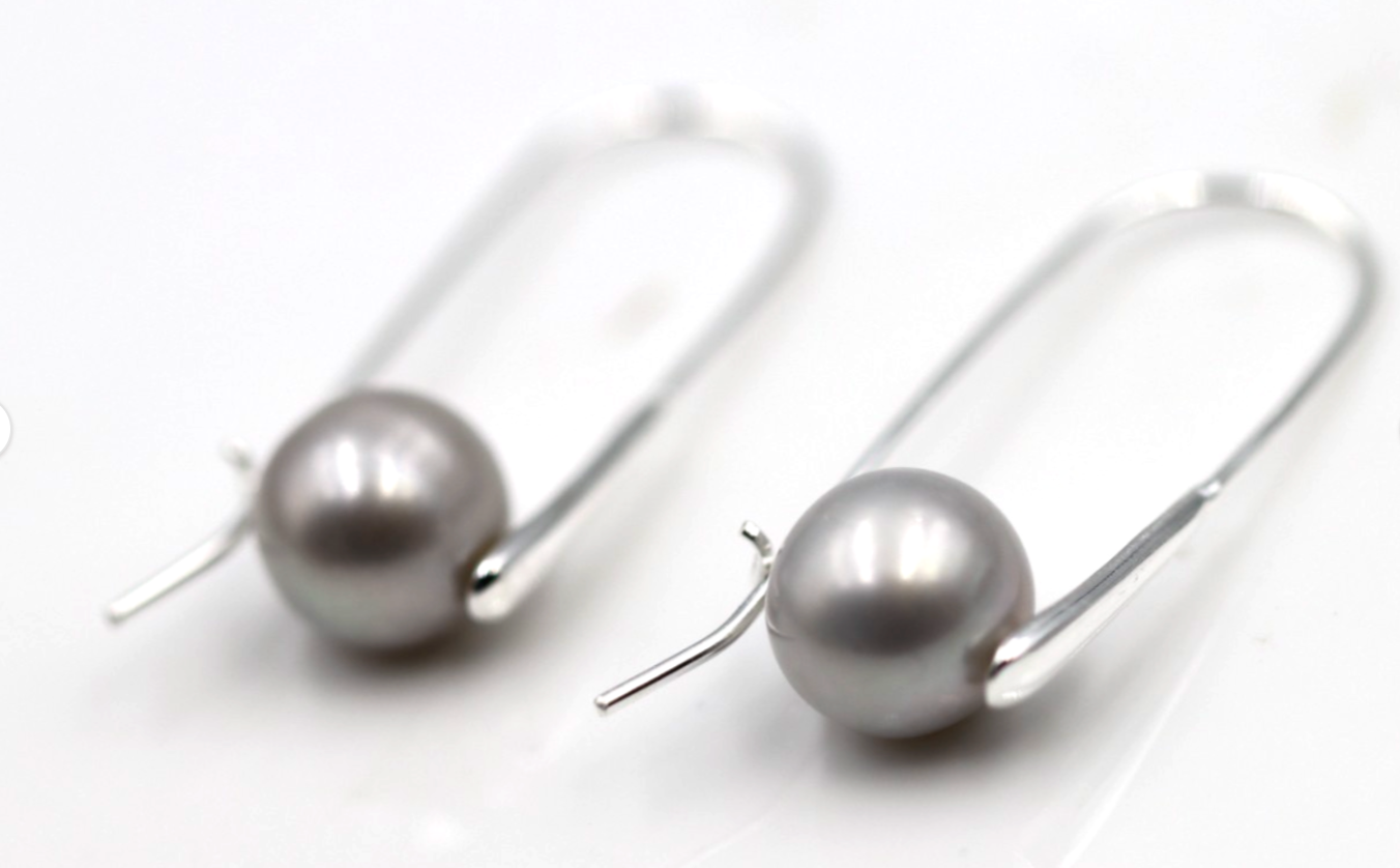 Sterling Silver 925 Freshwater Grey 9mm Pearl Drop Large Hook Earrings
