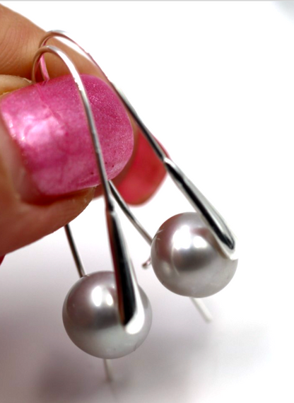 Sterling Silver 925 Freshwater Grey 9mm Pearl Drop Large Hook Earrings