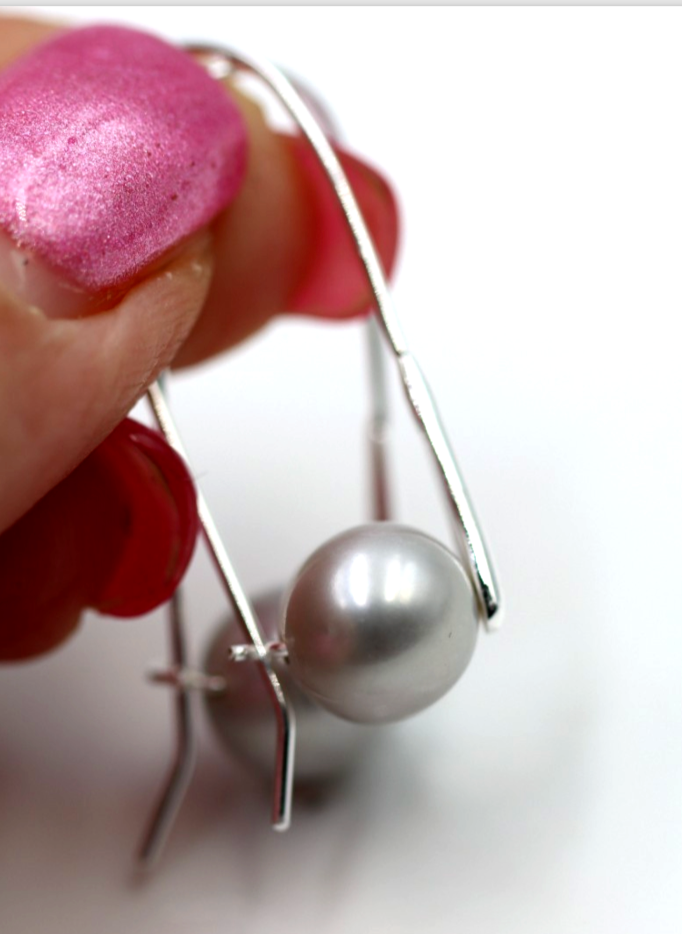 Sterling Silver 925 Freshwater Grey 9mm Pearl Drop Large Hook Earrings