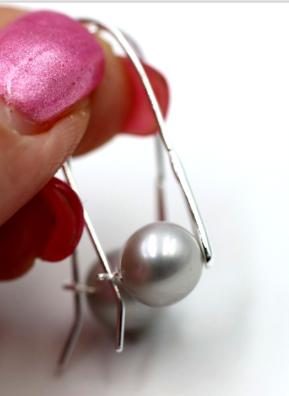 Sterling Silver 925 Freshwater Grey 9mm Pearl Drop Large Hook Earrings