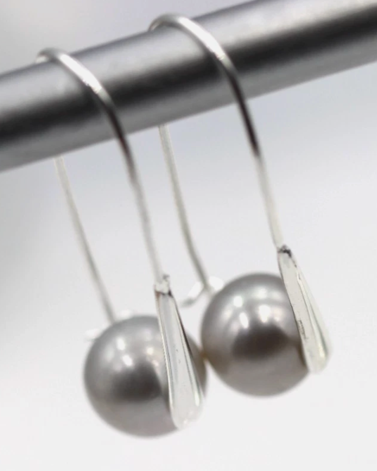 Sterling Silver 925 Freshwater Grey 9mm Pearl Drop Large Hook Earrings