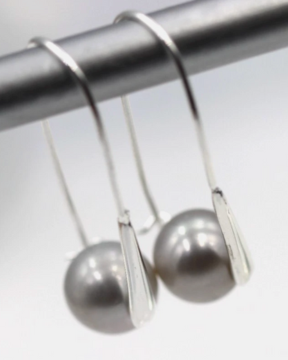 Sterling Silver 925 Freshwater Grey 9mm Pearl Drop Large Hook Earrings